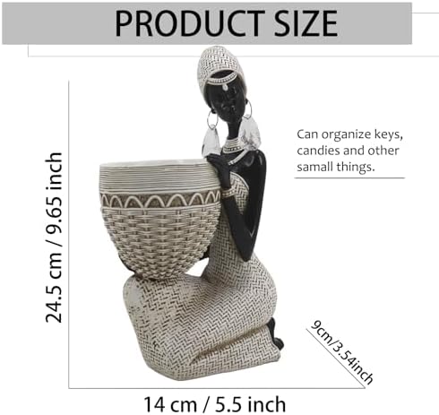 Lescafita Handmade White African Tribal Woman Sculpture - Crystal Earrings & Basket Statue, Ivory Resin Home Decor for Modern Shelves/Tables, Elegant Housewarming Gift (9.65" H)