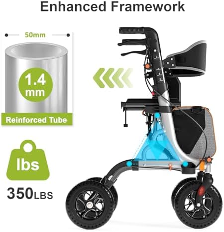 Aojin Rollator Walker for Seniors with Seat, Lightweight & Foldable, 8" All-Terrain Wheels, 18" Big Seat, 6-Level Adjustable Height Rolling Walker, 350 lb Capacity, Sliver