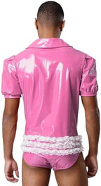 iiniim Mens Sissy Maid Cosplay Costume Patent Leather Wet Look Lace Trim Short Sleeve Bodysuit