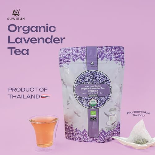 Suwirun Organic Lavender Tea 25 Bags – 100% Lavender Flowers – Aromatic & Calming, Caffeine-Free – Supports Stress Relief, Relaxation & Better Sleep
