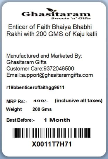 Ghasitaram Gifts Rakhis Online- Enticer of Faith Bhaiya Bhabhi Rakhi with 200 GMS of Kaju katli
