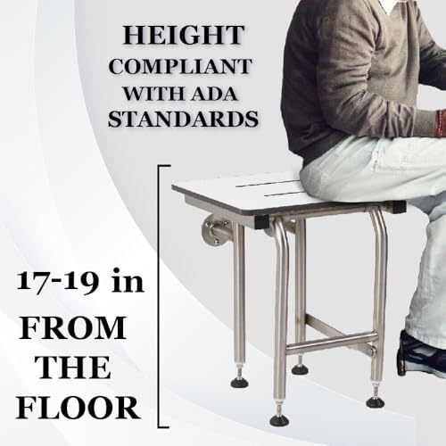 Resin Shower Seat with Legs, Heavy Duty ADA Shower Chair for Elderly & Disabled, 400lbs | 304 Stainless Steel | Folding, Wall Mounted, 24'x16'