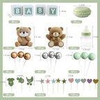 Bear Cake Topper, Birthday Cake Toppers Mini 3D Bear 48 PCS Cupcake Decorations Party Supplies Boho Mini Gender Reveal(Green)