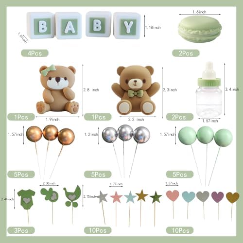 Bear Cake Topper, Birthday Cake Toppers Mini 3D Bear 48 PCS Cupcake Decorations Party Supplies Boho Mini Gender Reveal(Green)