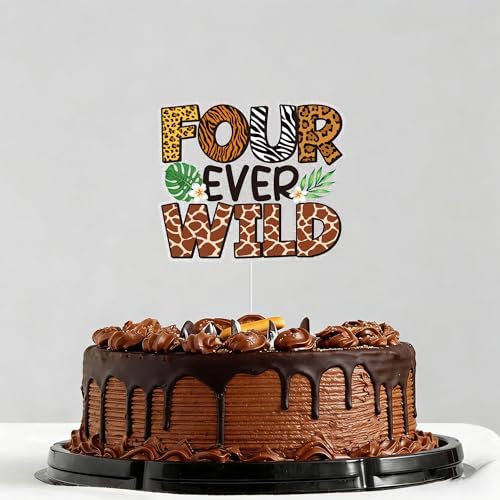 Four Ever Wild Cake Topper Jungle Safari Theme 4th Birthday Party Decorations Fourth Birthday Cake Topper Animal Giraffe Tiger Zebra Leopard Cake Decor
