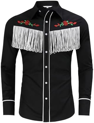 TURETRENDY Men's Western Cowboy Fringe Shirt Long Sleeve Rose Embroidered Slim Fit Button Down Shirt