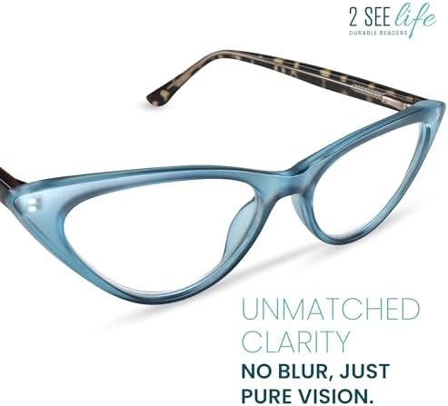 2SeeLife Small Cat Eye Reading Glasses for Women – Narrow-Medium Fit, Sturdy Frame, Spring Hinges, Premium Funky Readers, Turquoise, +1.00
