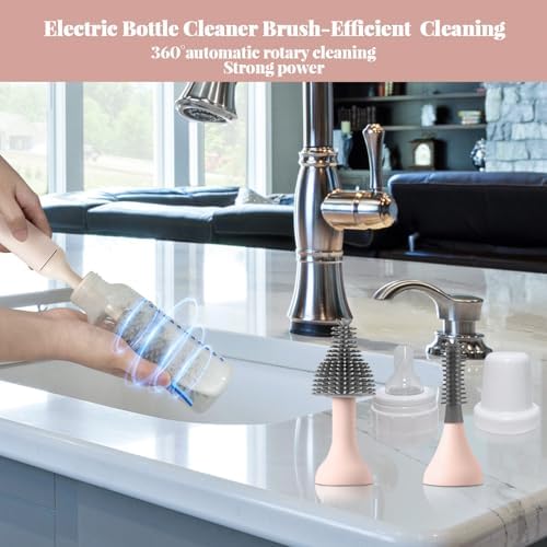 Electric Cleaning Brush with USB Rechargeable Electric Bottle Brush Cleaner and 3 Replaceable Silicone Bottle Brushes and Straw Cleaner Brush,Perfect Baby Gifts and Kitchen Brushes(Pink)