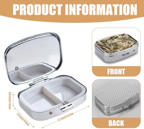 Pill Box-2 Compartment Small Pill Case Square Organizer Case with Mirror Portable Metal Medicine Box Travel Container for Pocket & Purse Women Men(Camo Forest)