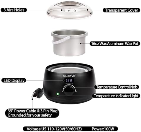 SAEUYVB Professional Digital Wax Warmer with Lid and 16oz Pot for Hair Removal (Black)