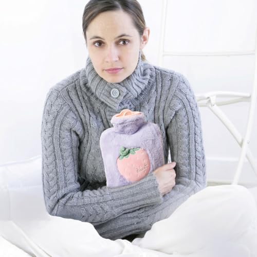 Cute Hot Water Bottles, 1L (34oz) Durable Large Hot Water Bag with Cartoon Fruit Faux Fur Plush Cover for Hot and Cold Compress Hand Feet Warmer Thickened Hand Warmer for Neck and Shoulder