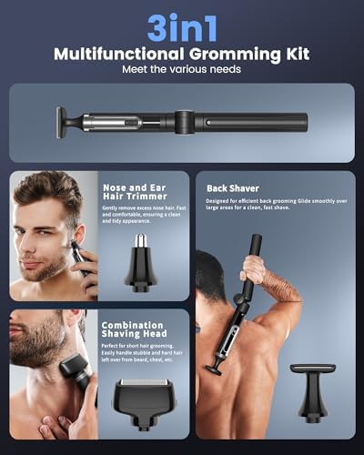 NUBACK Electric Back Shaver for Men, 3 in 1 Mens Back Shaver, Cordless Back Hair Trimmer for Men with Extendable Long Handle, Self-Service Body Groomer Razor with Wider Blade