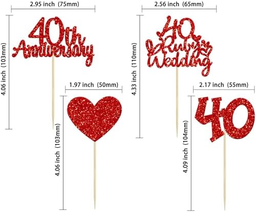 Gyufise 24Pcs 40th Anniversary Cupcake Toppers Heart Cake Toppers Ruby Wedding Anniversary Heart Cake Decoration for 40 Years and Love Celebration Party Supplies