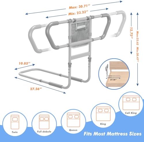 Bed Rails for Elderly Adults Safety, 2026 Upgraded & ASTM Compliant Adjustable Bed Cane with Ergonomic Non-Slip Handle, Storage Pocket, Motion Sensor Night Light,400 LB Support, Tool-Free Assembly