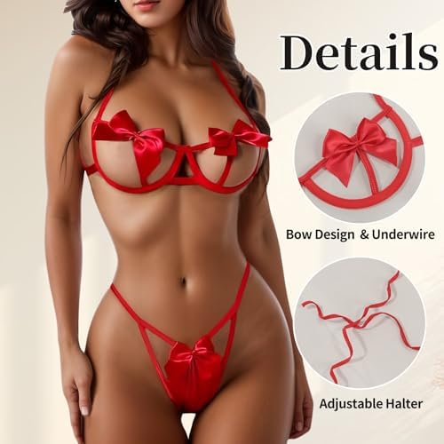 Sexy Lingerie Set for Women, Bow Lingerie Underwire Bra and Panty Sets for Women Christmas Valentines Outfits