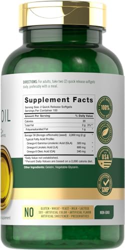 Carlyle Borage Oil Supplement | 2000mg | 200 Softgel Capsules | 320mg of GLA | Cold Pressed & Hexane Free | Non-GMO & Gluten Free