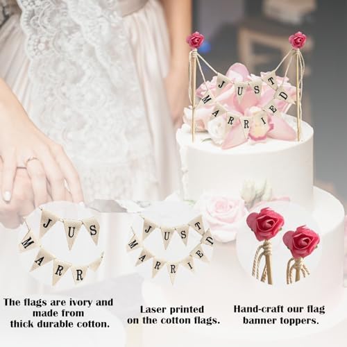 Wedding Cake Topper,Family Party Cake Topper,Vintage Affair Rustic Just Married Wedding Cake or Cheese Bunting,Handmade Pennant Flags with Wood Pole Ivory