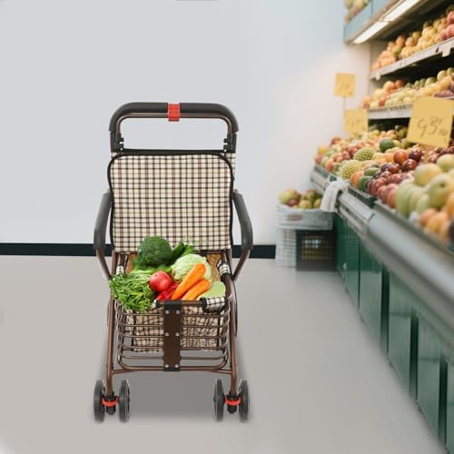 Storage Cart for Olders, Walking Aids with Seat, Foldable Rolling Walker with Seat for Seniors (Black, Bronze)