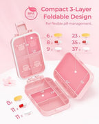 Compact 3-Layer Travel Pill Organizer, Cute Pill Box Case with Pull-Tab Design for Easy Opening, Medication Organizer with 8 Compartments for Supplements, Vitamins, Fish Oils, 30 Labels