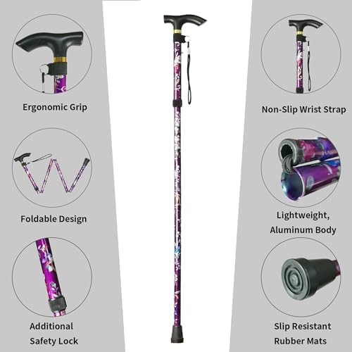 Folding Cane, 5-Level Adjustable Height Lightweight Portable Foldable Walking Canes with Wrist Strap and T Handle for Men Women Seniors