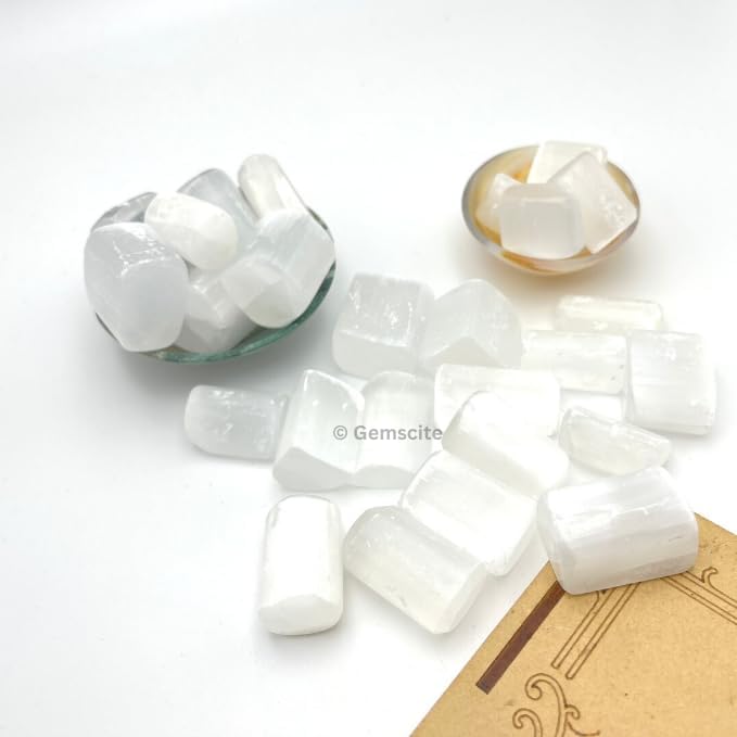 GEMSCITE Selenite 1/2 LB Tumbled Stones and Crystals Bulk Natural Crystal Kit for Reiki Healing Crystal Polished, Tumble Stones, Chakra Balancing, Good Luck, Reiki Gift, Home Décor
