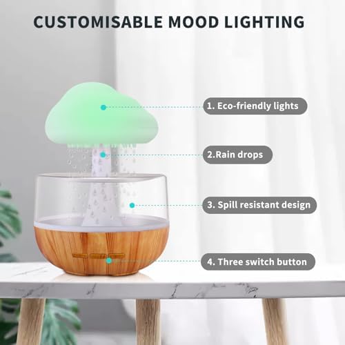 Weljoy Zen Raining Cloud Night Light Aromatherapy Essential Oil Diffuser Micro Humidifier Desk Fountain Bedside Sleeping Relaxing Mood Water Drop Sound (White) (White)