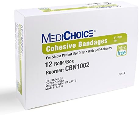 MediChoice Non-Sterile Cohesive Bandage, 2" x 5 Yards, Self Adhesive Breathable First Aid Roll for Sprains & Swelling, CBN1002, Tan, Box of 12