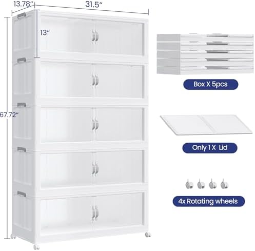 200Gal/800QT 5-Tiers Extra Large Stackable Storage Bins with Lid, Collapsible Cabinet Closet Organizer Plastic Container Box with Wheels Doors Drawers for Living Room Kitchen Office, White