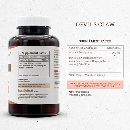 Secrets of the Tribe Devil's Claw 120 Capsules, 1000 mg, Devil's Claw (Harpagophytum Procumbens) Dried Root (120 Capsules)