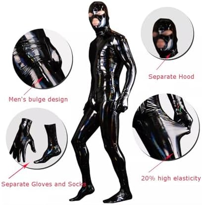 Men's Catsuit Handmade Jumpsuit Back Crotch Zipper Bodysuit with Hood Gloves