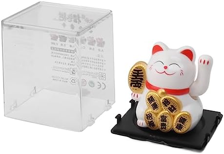 Tiiyee Solar Powered Lucky Cat, Miniature 2 Inch Cute Waving Cat for Wealth and Home Car Decoration Gold (White)