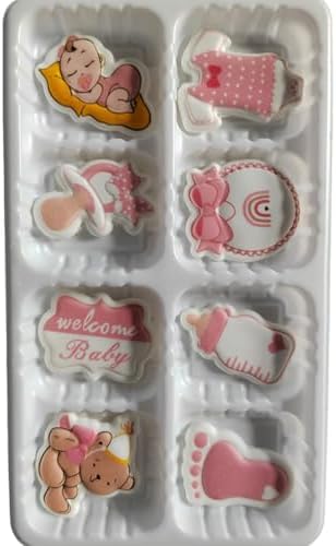 Edible 8pcs Pink Girls Baby Showers Themed Cake Decorations Dessert Sugar Sprinkles Party Cookie DIY Cake Cupcake Topper Icing Frosting Decoration Holiday Supplies