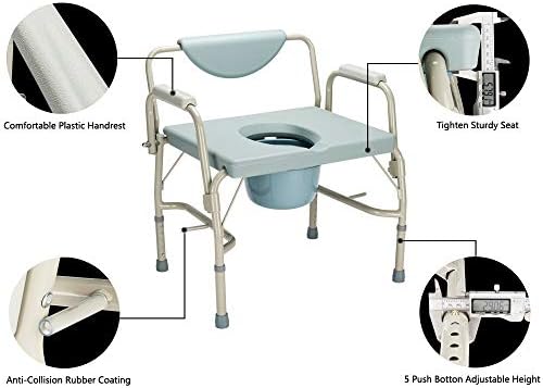 Mefeir 550 lbs Heavy Duty Drop Arm Medical Bedside Commode Chair, Homecare Toilet Seat with Safety Steel Frame, 6 Quart Capacity Pail, Adjustable Height Support Tool-Free Easy Assembly Blue Grey