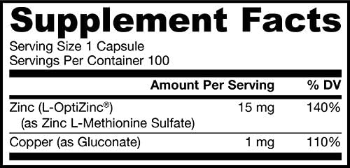 Jarrow Formulas Zinc Balance 15 mg - 100 Veggie Caps - Immune Support - Includes Copper - 100 Servings