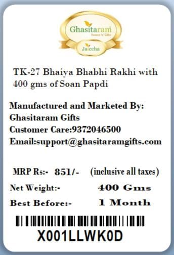 Ghasitaram Gifts Rakhis Online - Rakhi for Brother-TK-27 Bhaiya Bhabhi Rakhi with 400 GMS of Soan Papdi