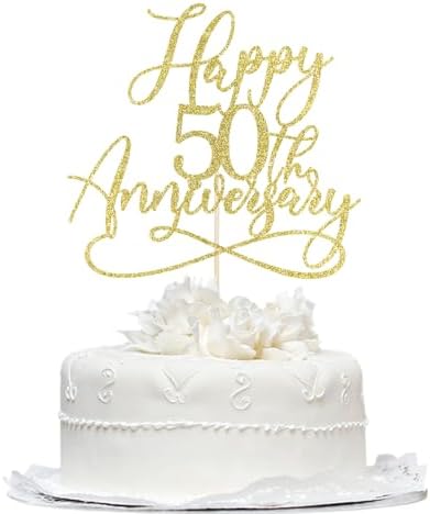 Golden Glitter Happy 50th Anniversary Cake Toppers - Wedding & Company Anniversary Party Decorations, Birthday Party Decorations