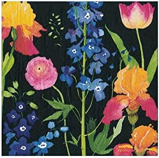 Caspari Summer Garden Flowers Party Paper Cocktail Napkins in Black, 20 Per Package