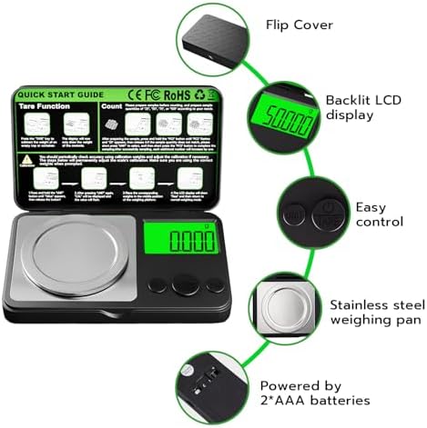 Wigearss Digital Milligram Scale 50g x 0.001g, Mini Precision Scale with Tare weight Function,Calibration Weight ＆ Backlit LCD Display, Pocket Micro Scale for Weighing Powder, Gold, Jewelry, Mini Food