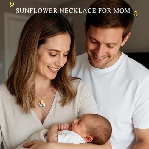 Iefil Gifts for New Mom - 925 Sterling Silver Sunflower Birthstone Necklace for Women, Birthday First Mothers Day Gifts for New Mom, Womens Jewelry