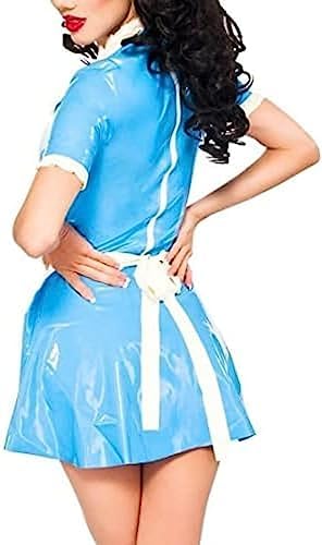 Lake Blue and White Sexy French Maid Latex Dresses with Apron Zipper at Back Puffs Short Sleeves Rubber Uniform,Custom Color,XL