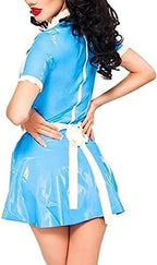 Lake Blue and White Sexy French Maid Latex Dresses with Apron Zipper at Back Puffs Short Sleeves Rubber Uniform,Custom Color,XL