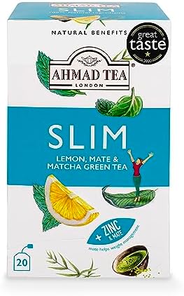 Ahmad Tea Green Tea, Lemon, Mate, & Matcha 'Slim' Natural Benefits Teabags, 20 ct (Pack of 1) - Caffeinated & Sugar-Free