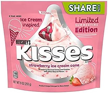 Hershey's Kisses Strawberry Ice Cream Cone Candy Share Bag Limited Summertime Edition (9 Oz), Pack of 3