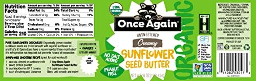 Once Again Organic Sunflower Butter, Unsweetened, No Salt & No Sugar Added - Creamy Sunflower Seed Butter, Dairy and Nut Free Spread - Vegan, Non-GMO, Gluten Free (16 oz Glass Jar)