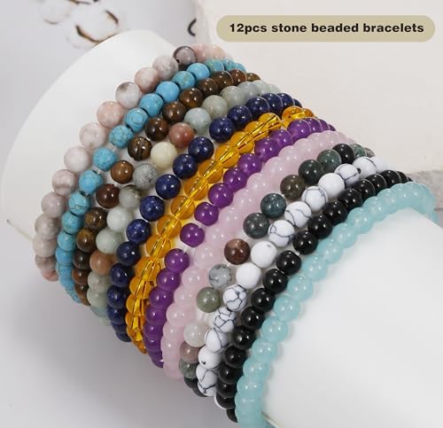 BOMAIL 12Pcs Gemstone Stretch Bracelets for Women 6mm Natural Stone Healing Crystal Beaded Bracelet Set Handmade Gemstone Reiki Spiritual Jewelry Gifts with Meaning Card