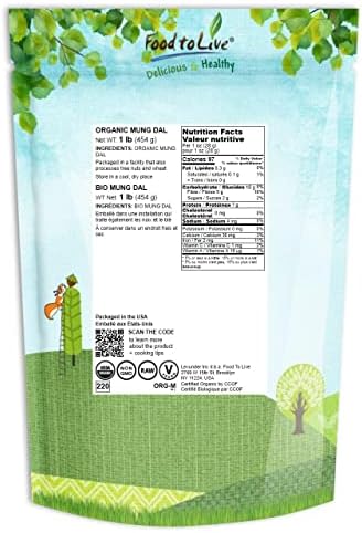 Food to Live Organic Yellow Mung Dal, 1 Pound – Non-GMO, Peeled Split Mung Beans (Moong Dal). Ayurvedic Food. Easy to Cook. High in Dietary Fiber, Protein, Iron. Great for Soup, Kitchari, Curries
