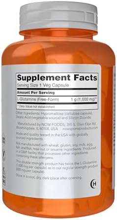 NOW Foods Sports Nutrition, L-Glutamine, Double Strength 1,000 mg, Amino Acid, 120 Veg Capsules