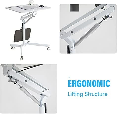 Lipo Mobile Sit Stand Desk - Height Adjustable Standing Laptop Desk Cart Rolling Couch Table on Wheels White Workstation with Gas Spring Riser for Home Office Classroom