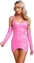 iiniim Women's Back Zipper Halter Sleeveless Bodycon Dress Wetlook Mini Dress with Garter Clips