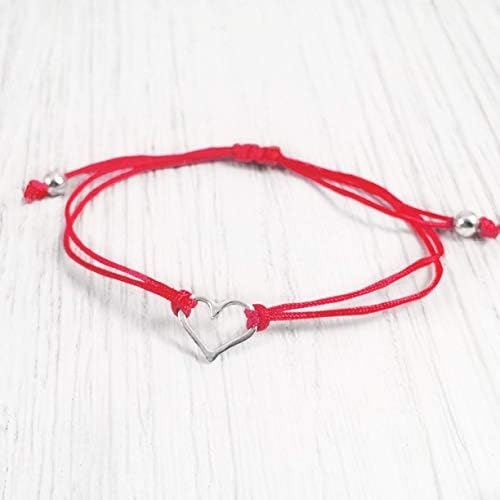 Red Thread Womens Friendship Bracelet, Small Sterling Silver 925 Open Heart Shaped Charm, Pull Adjustable Kindred Cord, Handmade. Perfect Small Gift